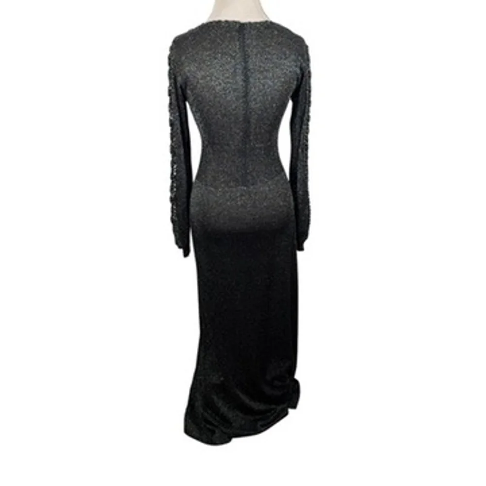 Vintage Black Metallic Shimmer Maxi Bodycon Dress Stretch Crochet Size S/M - Picture 7 of 14
